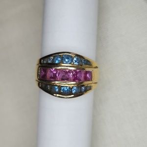 925 Women's Ring sz 10,7 Light Blue Gems Top & Bottom and 5 Pink ones in Middle